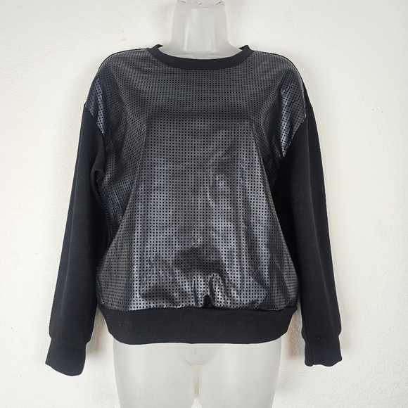Elie Tahari Faux Leather Sweatshirt Black Size M Perforated Front Panel Pullover - Picture 2 of 9